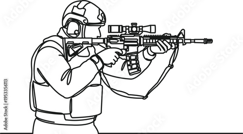 Minimal one line art of a shooter holding a long gun in aiming position
