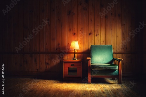 A chair and lamp are in a dimly lit room with wooden walls.