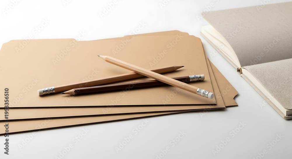 Naklejka premium Minimalist Composition of Pencils and Paper on a White Surface.