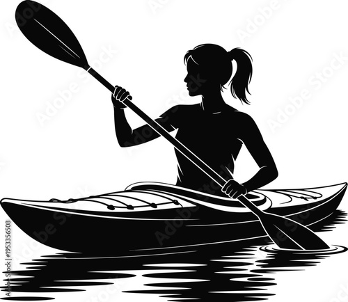 Black Silhouette of Woman Kayaking on Water with Paddle Vector Illustration for Outdoor Adventure Sports Activity and Summer Vacation Concept