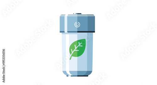 A minimalist cylindrical smart water filter, with a light blue top, displays a prominent green leaf icon on its clear body.