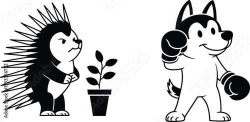 Cartoon porcupine with stern expression beside plant and playful dog wearing boxing gloves, anthropomorphic animal characters in humorous, creative illustration for children’s projects and branding.