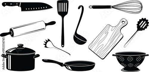 Black and white kitchen utensil and cookware silhouette set including knife, spatula, whisk, rolling pin, pots, pans, and essential cooking tools artwork