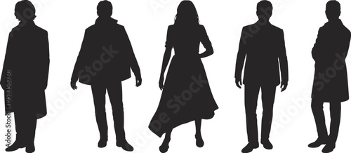 Black Silhouette Set of Diverse Business People Men and Women Standing in Fashionable Outfits for Corporate Career and Lifestyle Concept