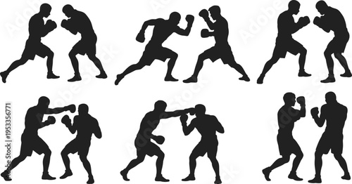 Boxing silhouette illustration, eight dynamic pairs of fighters in punching, guarding, and dodging stances, combat sport theme, vector art, black isolated bold design