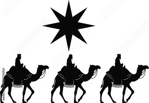 Black silhouette artwork of Three Wise Men riding camels guided by Bethlehem star, nativity Christmas design symbolizing biblical journey, tradition, and festive holiday themes