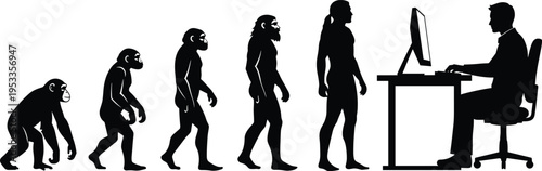 Black silhouette artwork showing human evolution from ape ancestor to modern computer user, humorous progression design highlighting technology, culture, and lifestyle transformation