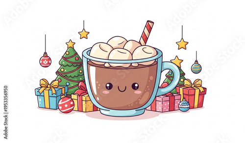Cute cartoon hot chocolate mug with marshmallows and Christmas decorations playful holiday vector
