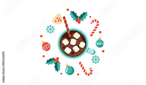 Flat style hot cocoa with marshmallows and Christmas decorations top view festive vector illustration