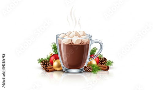 Hot chocolate with marshmallows in glass mug and Christmas decorations cozy winter holiday vector