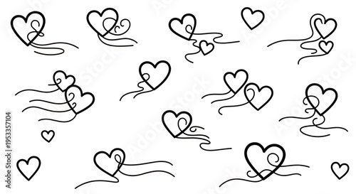 Playful hand drawn hearts with dancing figures and flowing line art illustrating love and joy.