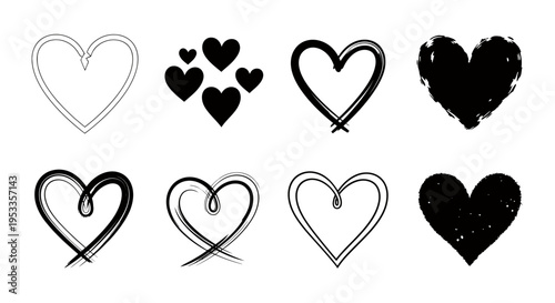 Set of black and white heart icons featuring outline and filled designs for graphic use.