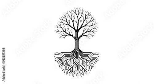 A striking black and white illustration depicts a leafless tree with highly detailed branches and intricate circuit board-like roots forming a semi-circular pattern.