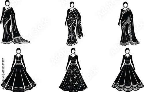 Indian traditional saree and lehenga choli silhouette vector collection, ethnic women fashion apparel icons for wedding invitations, cultural dress designs