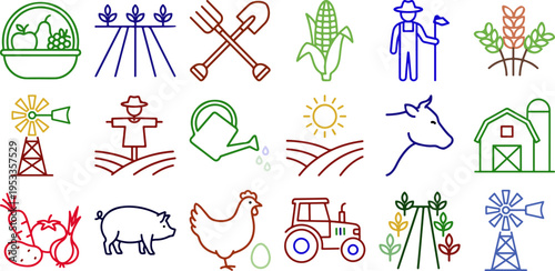  colourful farming agriculture icon set, rural countryside symbols collection, flat vector design with animals crops tools barn tractor in bright outline style
