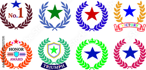 colorful award badge icon set, laurel wreath victory achievement symbols collection, flat vector design elements with stars honor trophies in bright colors
