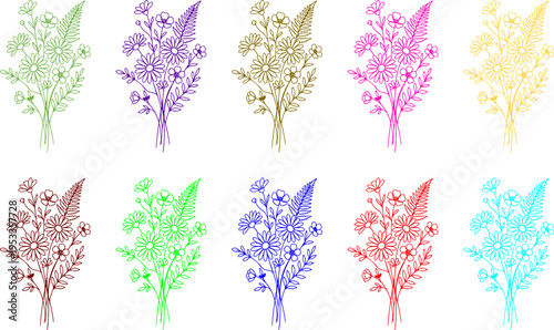 colourful floral bouquet icon set, pastel flower arrangement collection, flat vector design elements in soft rainbow colours for wedding and garden themes
