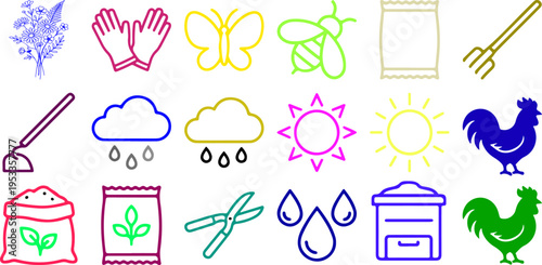 colorful farming agriculture weather icon set, garden nature symbols collection, flat vector design elements with tools plants animals in neon outline style
