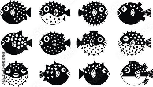 Puffer fish silhouette vector set, cute blowfish icons, marine life collection, poisonous sea creature illustrations for nautical aquarium design, aquatic