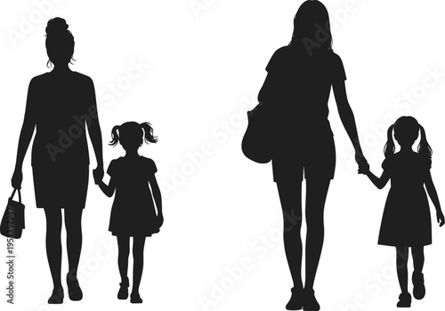 Set of black vector silhouettes featuring mothers walking and holding hands with their young daughters isolated on a white background