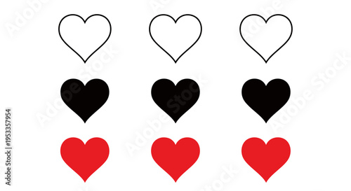 Set of stylized heart icons in white, black and red colors arranged in a grid.