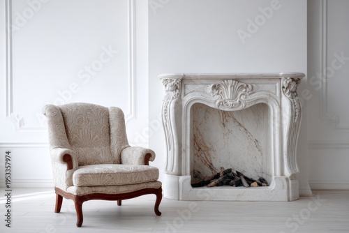 Elegant armchair sits beside a decorative marble fireplace in a bright room.