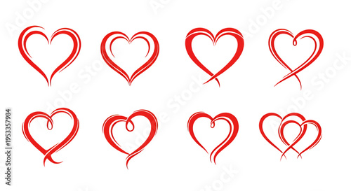Eight red outlined heart icons with hand-drawn sketchy style arranged in a row and pattern.
