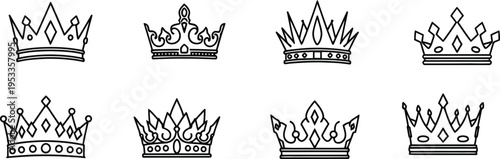 Collection of seven unique crown illustrations