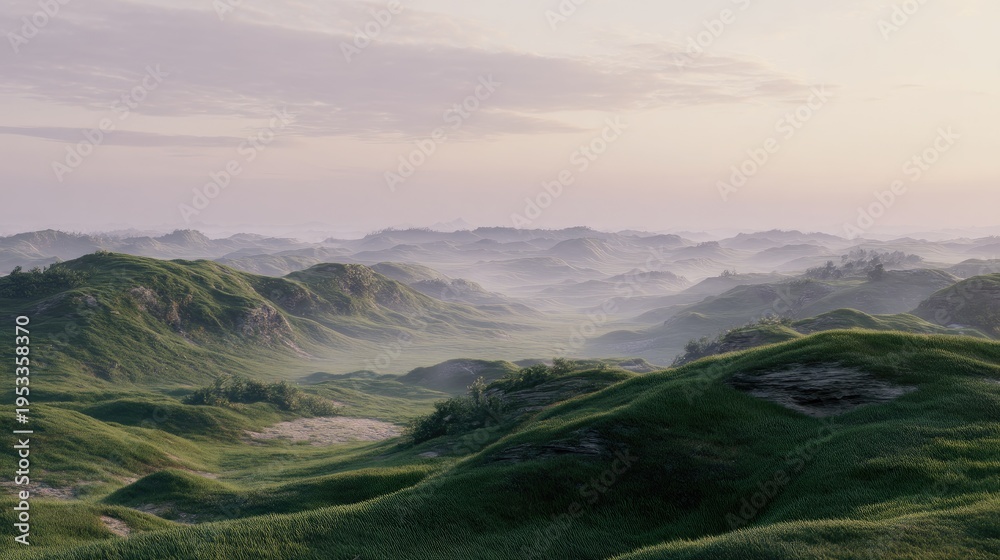 Fototapeta premium Serene Green Hills Under Soft Morning Light with Misty Valleys and Tranquil Atmosphere, Ideal for Nature and Landscape Photography