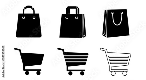 e-commerce shopping icons with various bag and cart styles on white background for retail websites and apps