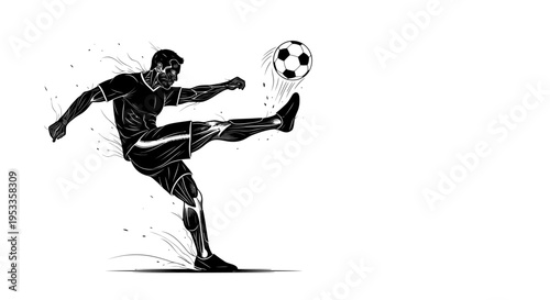 dynamic soccer player powerfully kicking a soccer ball showcasing athletic motion and detailed muscle anatomy in a monochrome vector graphic.