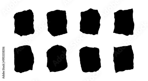 eight black irregular torn paper shapes on white perfect for abstract graphic design elements frames or organic textures.