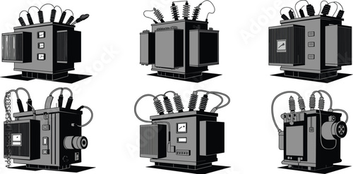Collection of six stylized electrical transformer illustrations, showcasing diverse designs and components used in power distribution, energy infrastructure, and technical engineering artwork.