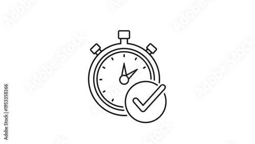 Line art icon featuring a stopwatch with a checkmark in a circle, symbolizing timely completion, efficient verification, or meeting deadlines.
