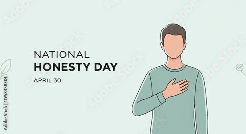 Man with hand on heart celebrating national honesty day on light green background with text