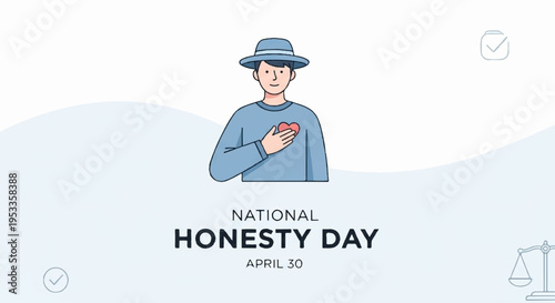 Man in blue shirt and hat with hand on heart on national honesty day april 30
