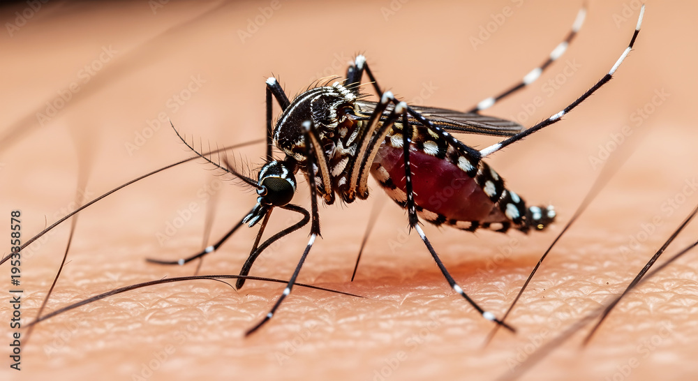 Fototapeta premium Macro extreme close up of mosquito with blood filled abdomen on human skin insect
