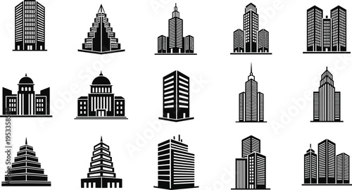 Skyscraper building silhouette vector set, city skyline icons, urban architecture collection for real estate, corporate office design, apartment, black, isolated