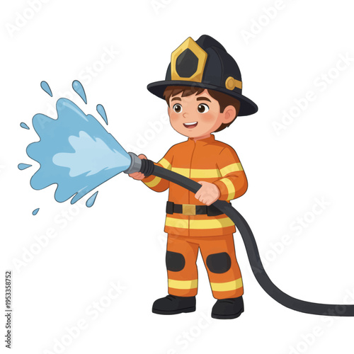 Firefighter Cartoon Illustration, Boy in Uniform Spraying Water, Vector Style for Kids and Education