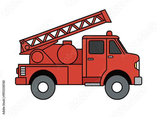 Fire Truck Vector Icon, Red Emergency Vehicle with Ladder, Isolated Transparent Background for Apps and Web Design