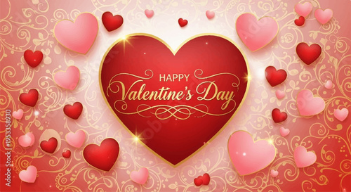 Valentine's day celebration with large red heart and smaller hearts on pink background with gold accents and 'happy valentine's day' text