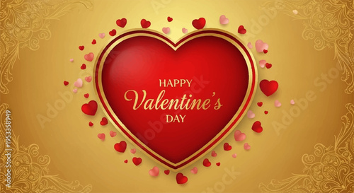 Valentine's day heart with 'happy valentine's day' text on gold background with red hearts