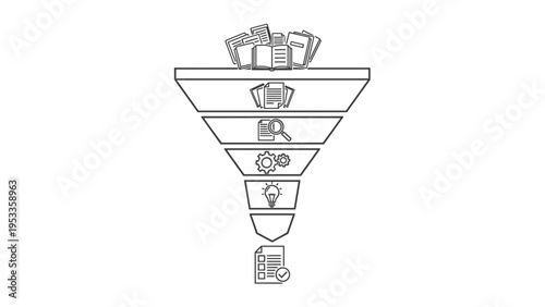 Detailed line art icon of a multi-stage funnel illustrating a comprehensive process from raw data to a finished product or idea.