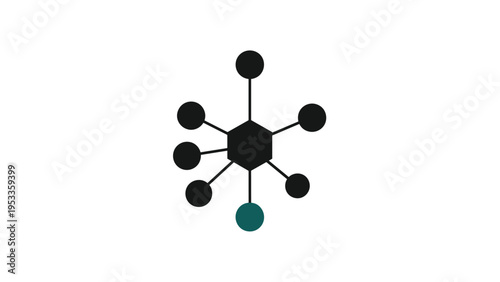 Abstract icon featuring a central black hexagon connected to five black circles and one green circle, representing a network with a highlighted node.