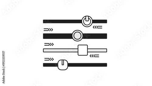Line art icon displaying four distinct horizontal slider controls with different indicator shapes and directional arrows, symbolizing adjustments or settings.