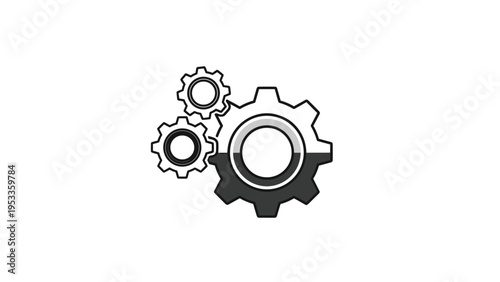 Line art icon illustrating three interlocking gears, with one partially colored in grayscale, representing interconnected processes or an ongoing operation.
