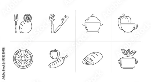 minimalist line art icons of kitchenware and fresh food illustrating culinary themes for recipe websites and cooking apps