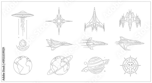 minimalist line art vector icons depicting futuristic spacecraft planets and celestial bodies for space exploration themes