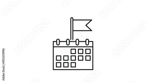Line art icon featuring a calendar with a flag prominently placed at the top, signifying an important date, milestone, or scheduled event.