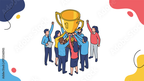 Successful business team members holding up a large golden trophy together as a symbol of victory and achievement.